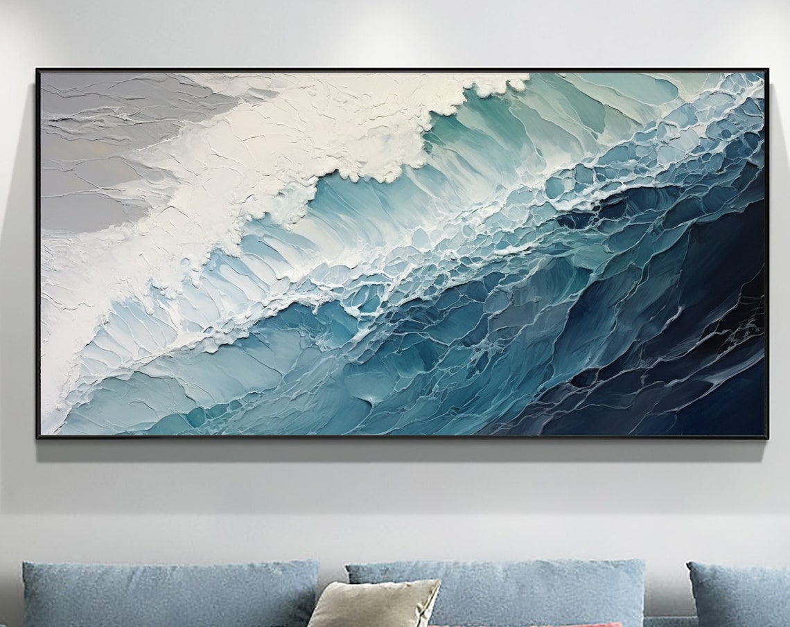 Crashing White Ocean Wave Breaking Across Deep Blue Water Poster
