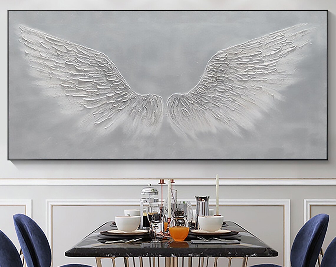 White Angel Wings Sculptural Texture Panoramic Oil Painting Art Print