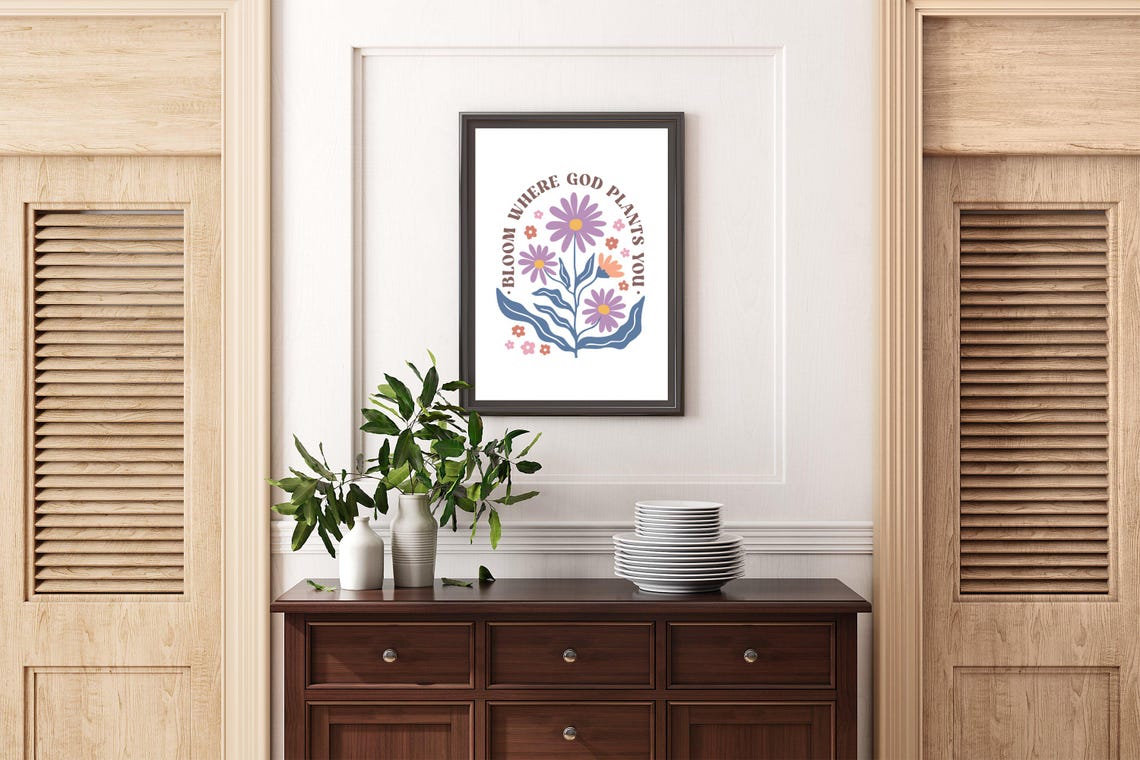 Bloom Where God Plants You Floral Circle Inspirational Quote Poster - Image 2