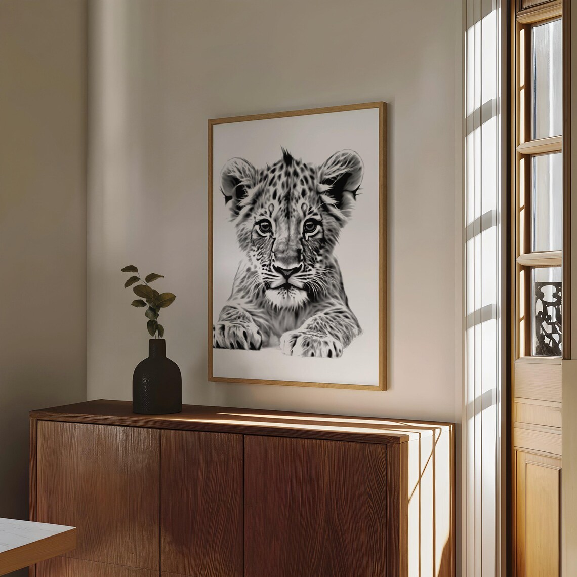 Baby Lion Cub Black and White Safari Wildlife Animal Art Poster - Image 4