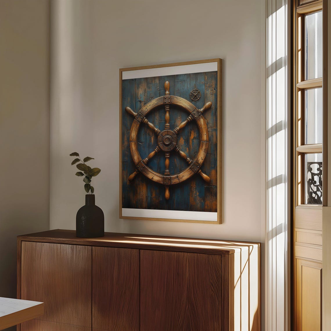 Weathered Wooden Ship Wheel on Distressed Blue Planks Art Poster - Image 4