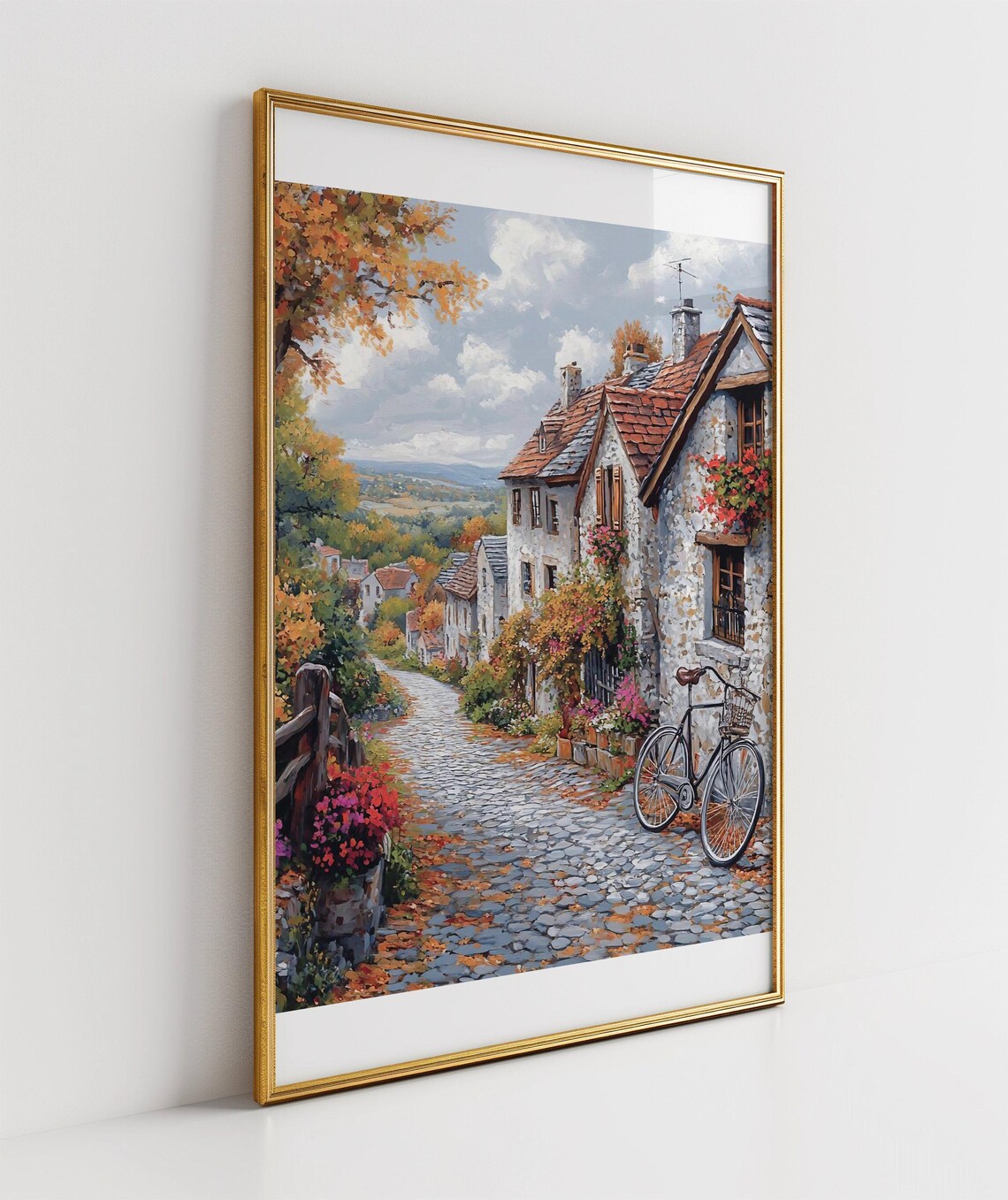 French Village Cobblestone Street Autumn Bicycle Scene Poster - Image 3