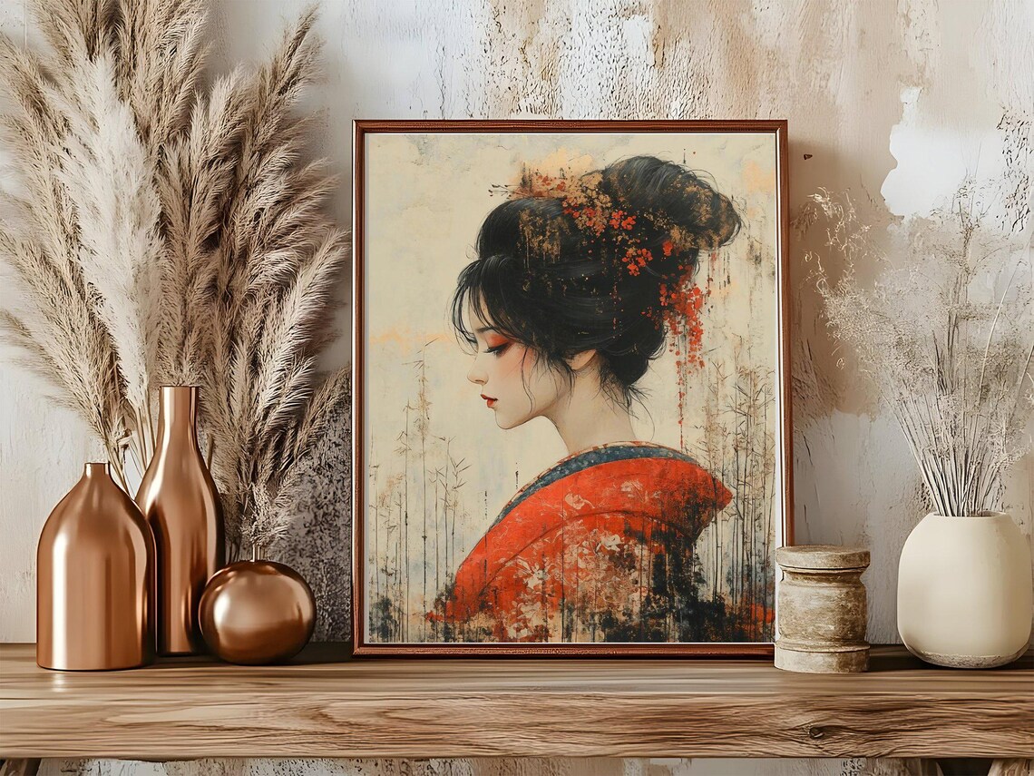 Serene Geisha Profile in Crimson Kimono Ink Wash Painting Art Poster - Image 5