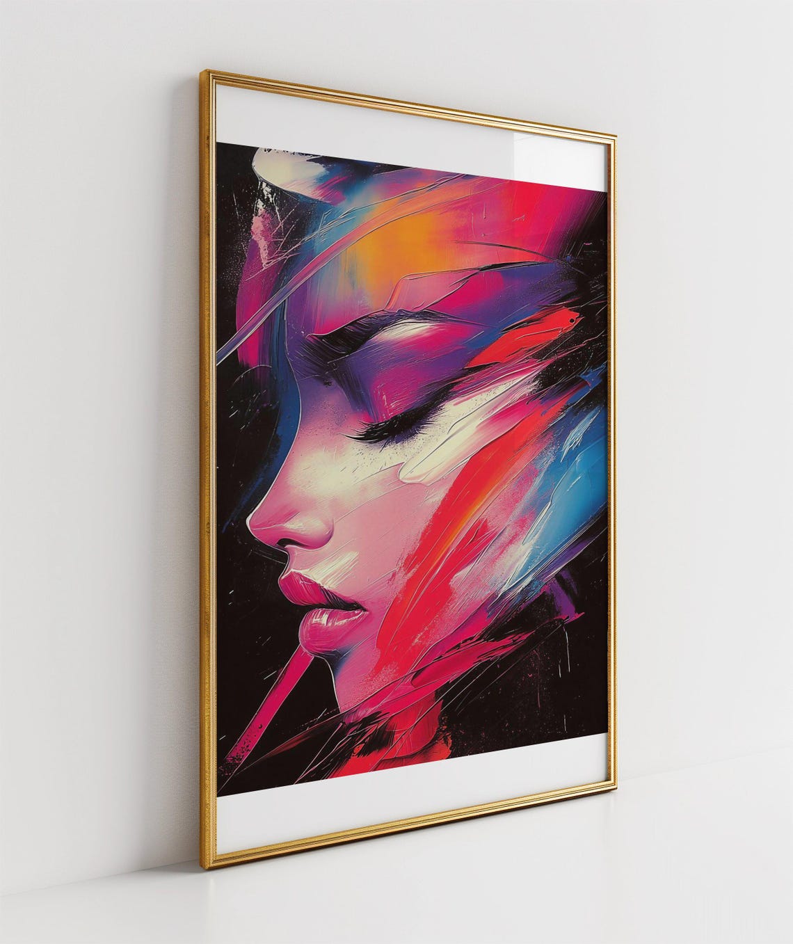 Electric Pink and Red Expressionist Woman's Face Profile Art Poster - Image 3