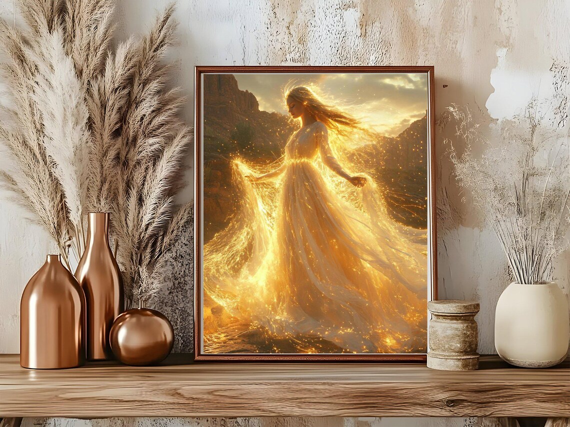 Ethereal Woman In A Flowing Golden Light Dress At Sunset Poster - Image 5