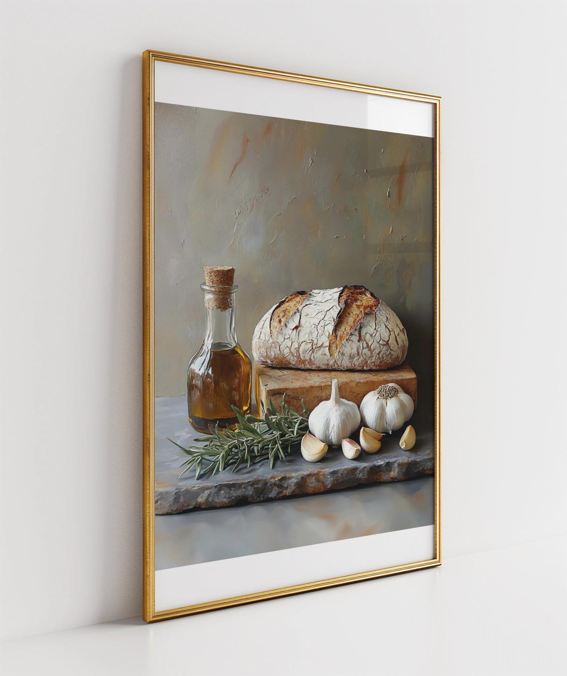 Rustic Sourdough Bread With Olive Oil And Garlic Still Life Print - Image 3