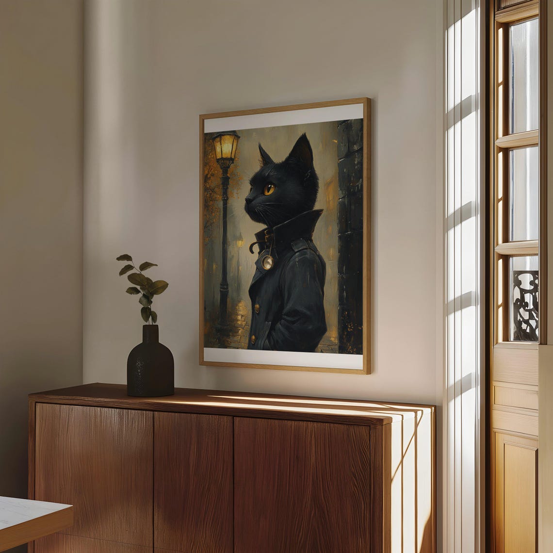 Black Cat Detective Poster Wearing a Trench Coat by a Lamppost - Image 4