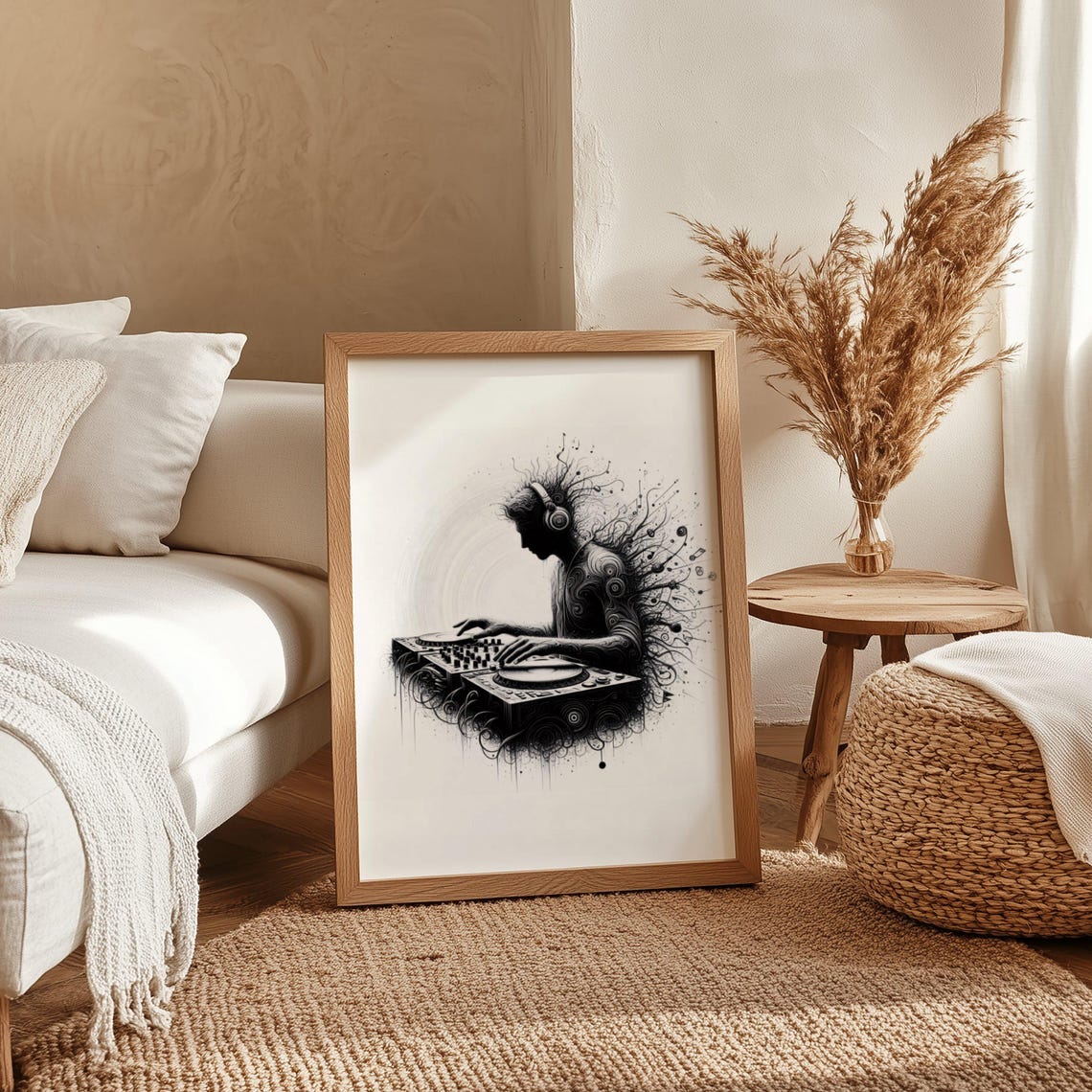Monochrome DJ Silhouette at Turntables With Headphones Poster - Image 4