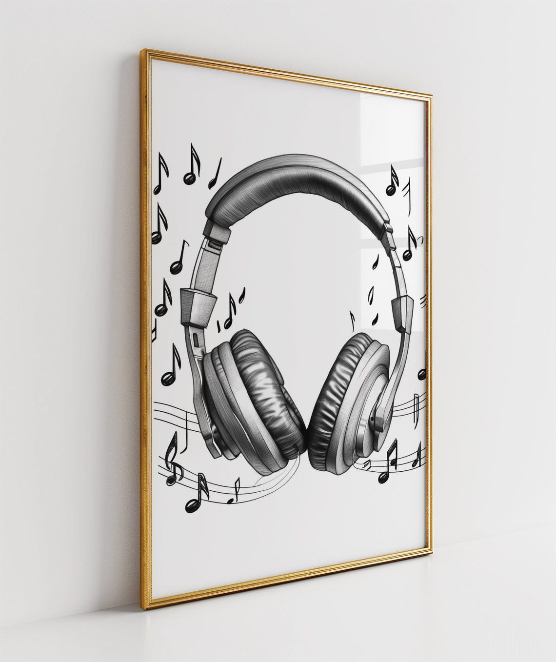 Headphones With Music Notes Black White Music Lover Sketch Poster - Image 3