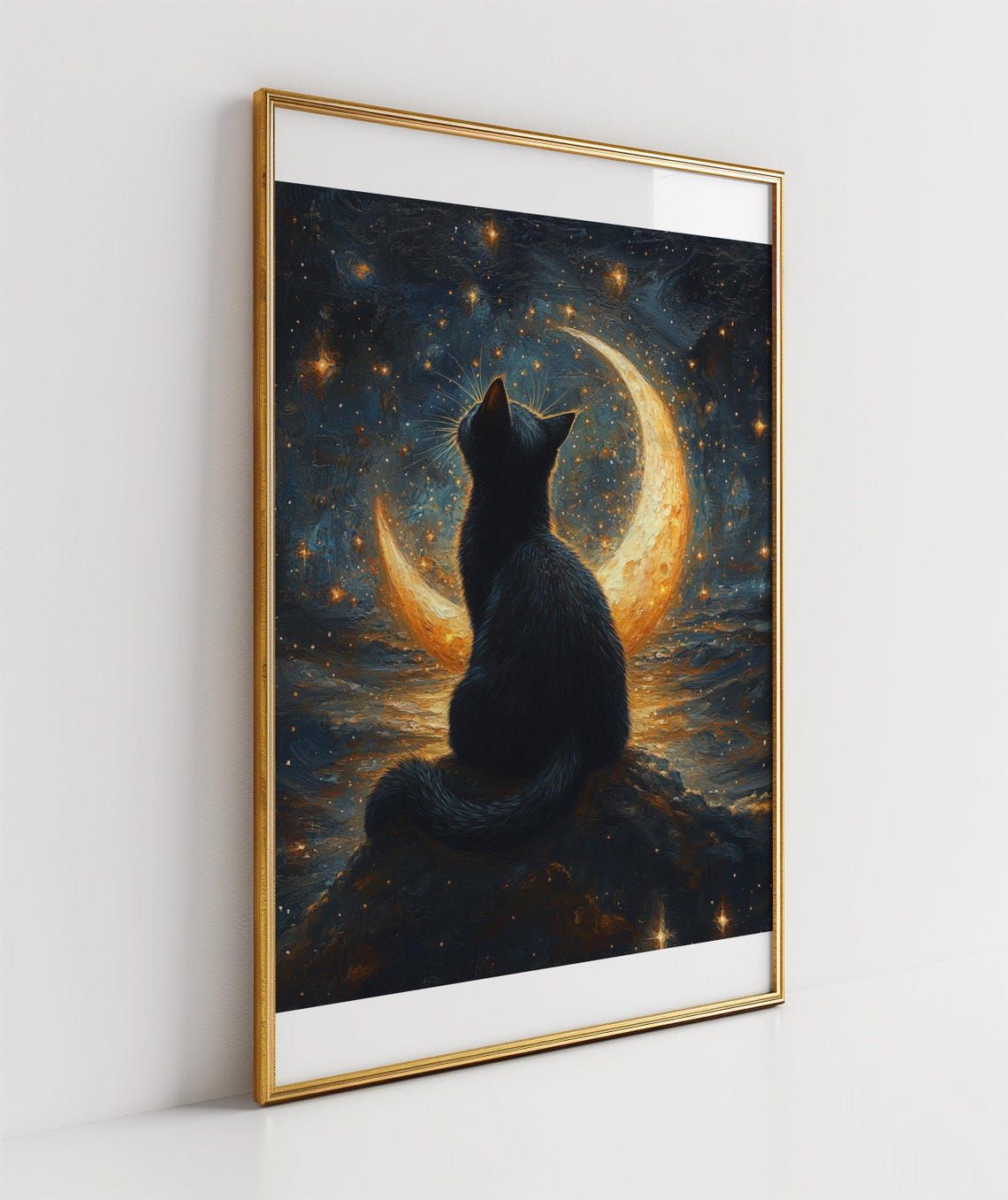 Black Cat Beneath a Glowing Crescent Moon Over the Night Ocean Poster - Image 3