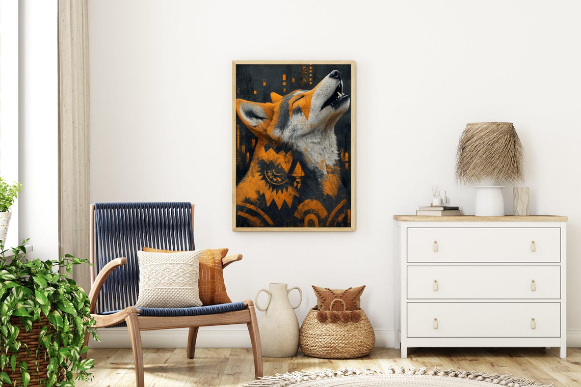 Howling Wolf Geometric Poster With Orange and Black Tribal Style - Image 3