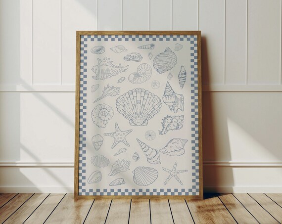 Blue Seashell Line Art Collection Coastal Checkered Wall Poster