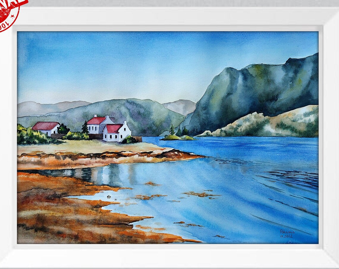 Lakeside Village White Houses Red Roofs Watercolor Scenic Poster - Image 5