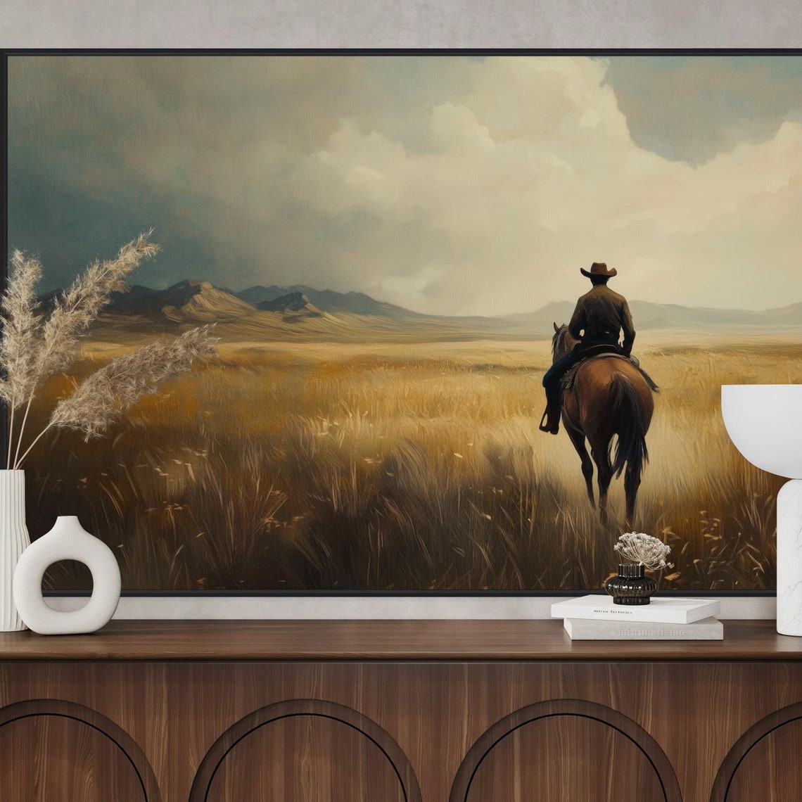 Rustic Cowboy Wall Art Western Prairie Print With Horseback Rider And Dramatic Sky Perfect Masculine Decor