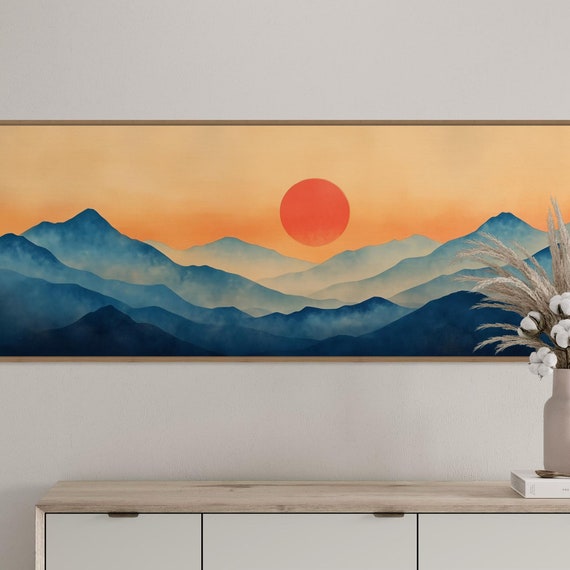 Minimalist Mountain Wall Art Red Sun Landscape Serene Sunrise Print Calming Modern Nature Decor For Living Room Or Above Bed