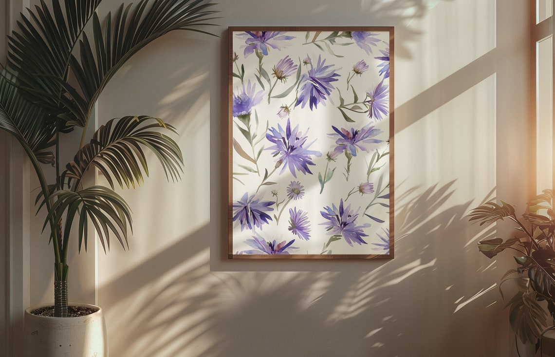 Purple Aster Flower Pattern Watercolour Botanical Flower Poster - Image 2