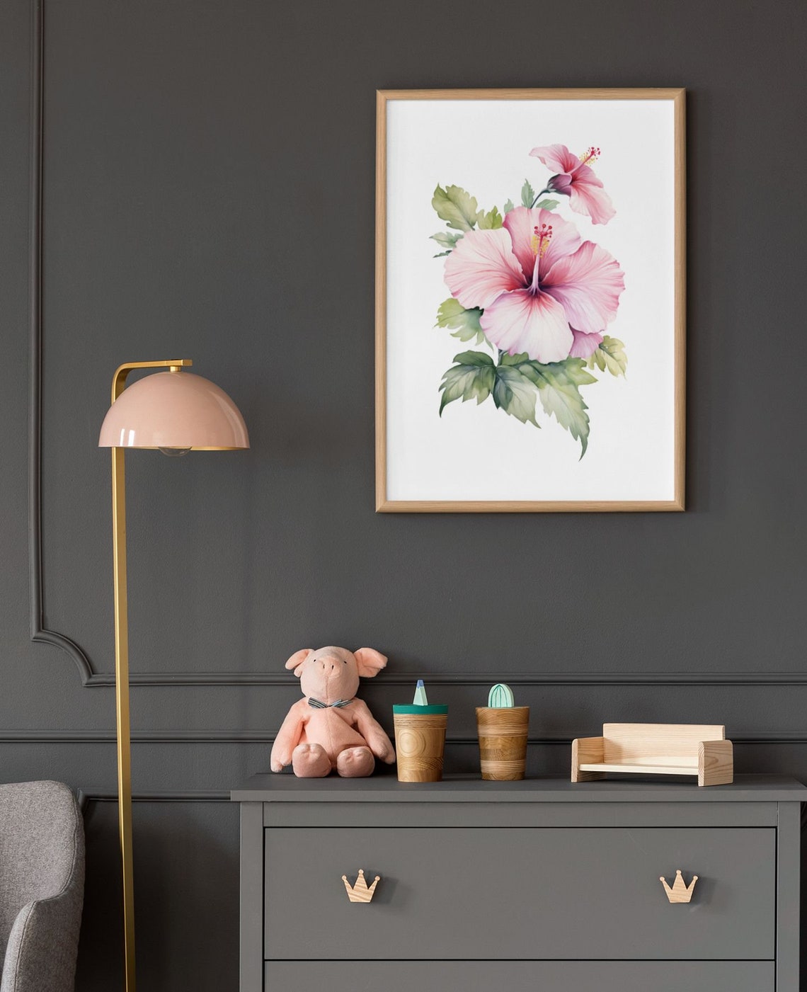 Pink Hibiscus Bloom With Bud Soft Tender Blush Watercolor Art Poster - Image 9