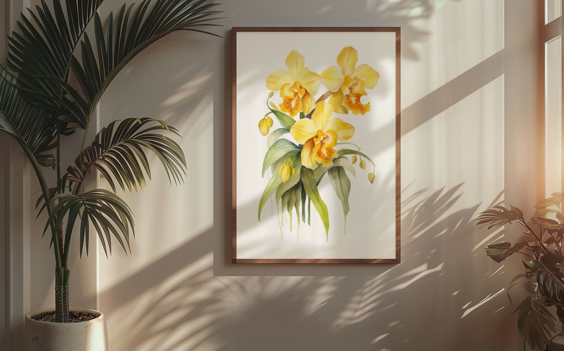 Yellow Orchid Triple Bloom Watercolour Botanical Flower Poster - Image 5