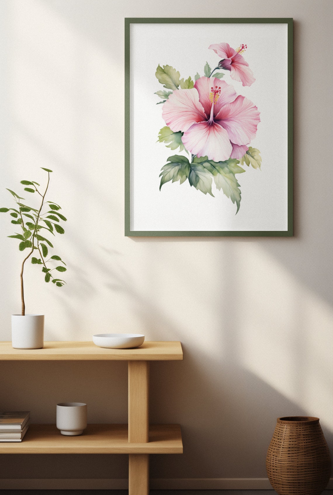 Pink Hibiscus Bloom With Bud Soft Tender Blush Watercolor Art Poster - Image 3