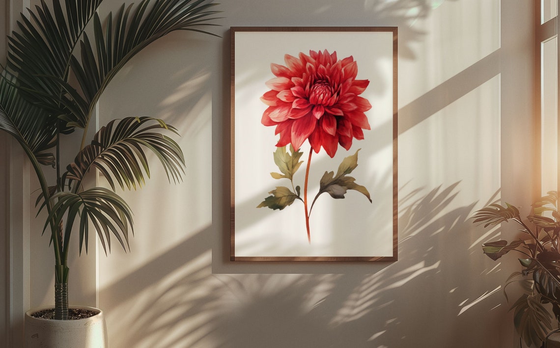 Scarlet Red Dahlia Flower Bold Watercolour Botanical Art Poster - Image 5