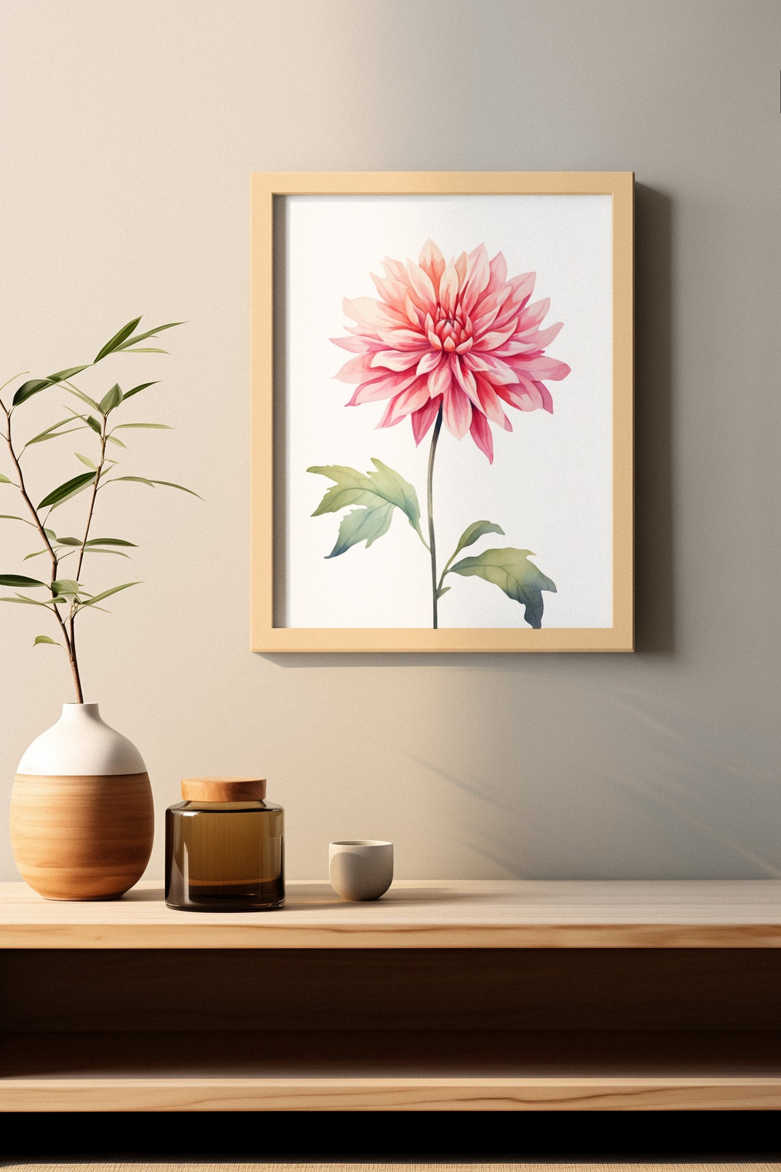 Pale Pink Dahlia Flower Serene Watercolour Botanical Art Poster - Image 2