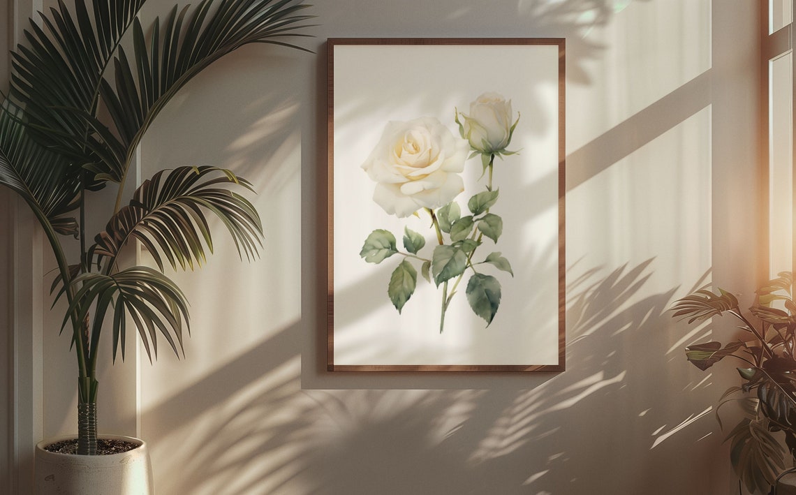 White Rose Bloom And Bud Graceful Watercolor Botanical Art Poster - Image 5