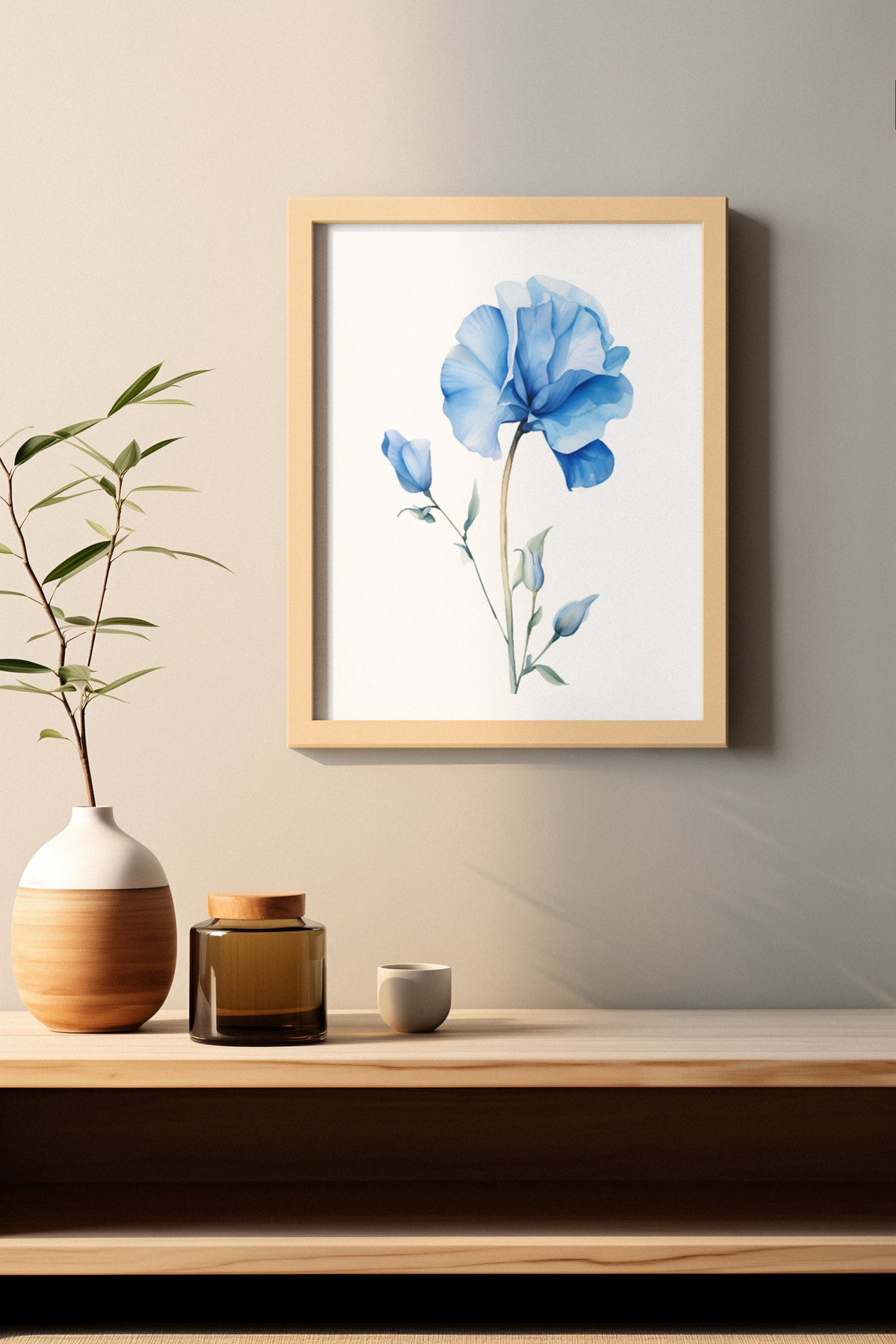 Blue Sweet Pea Single Bloom Watercolour Botanical Flower Poster - Image 2