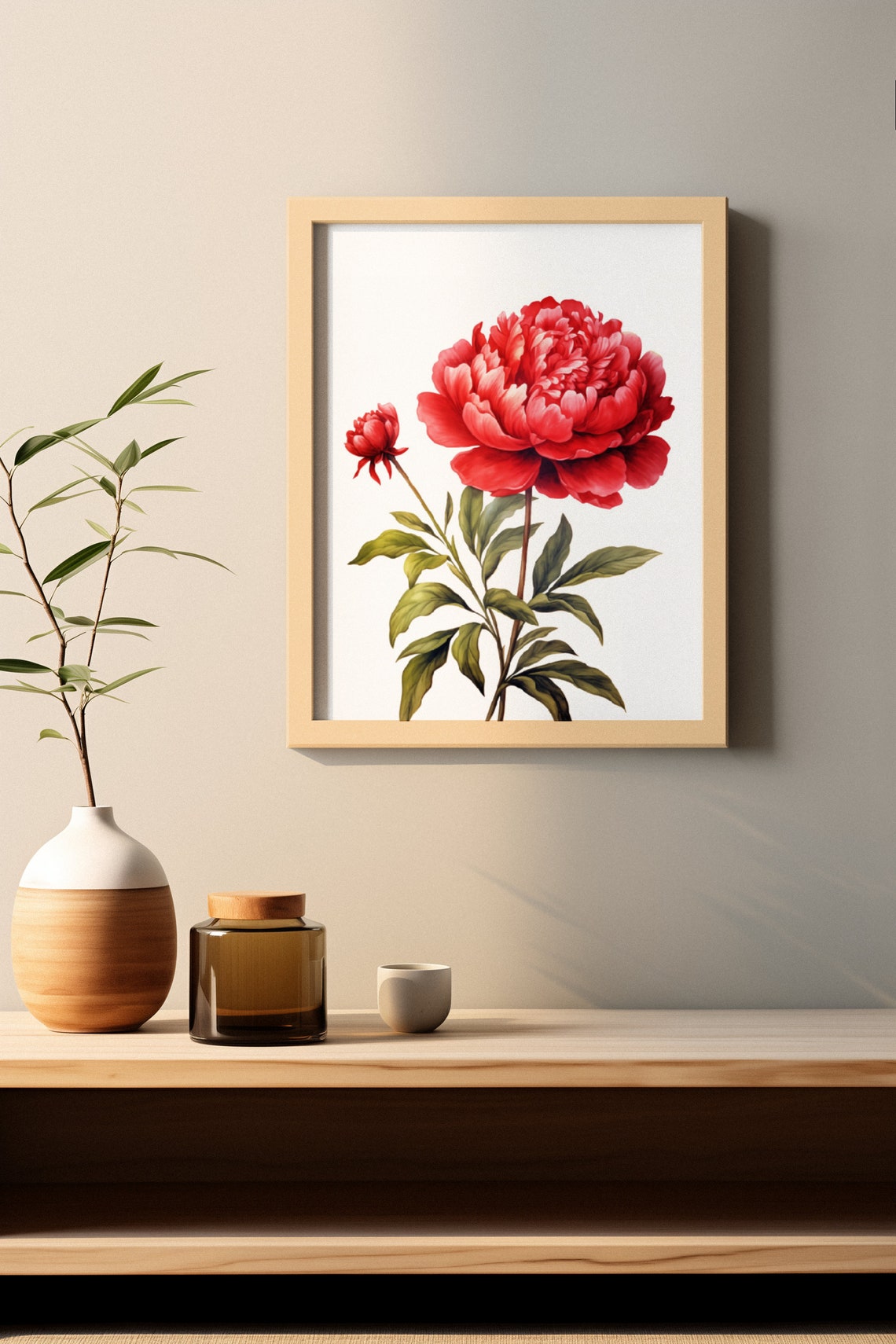 Red Peony Bloom with Bud Watercolour Botanical Flower Poster - Image 2