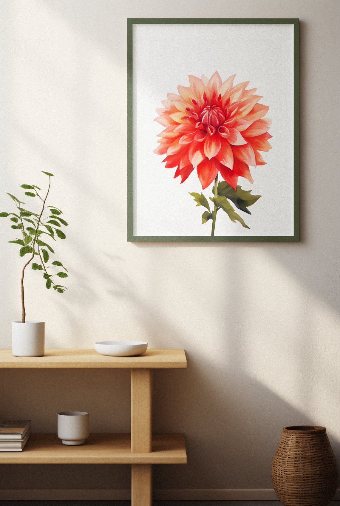 Crimson Red Dahlia Peach Highlight Watercolour Botanical Art Poster - Image 3