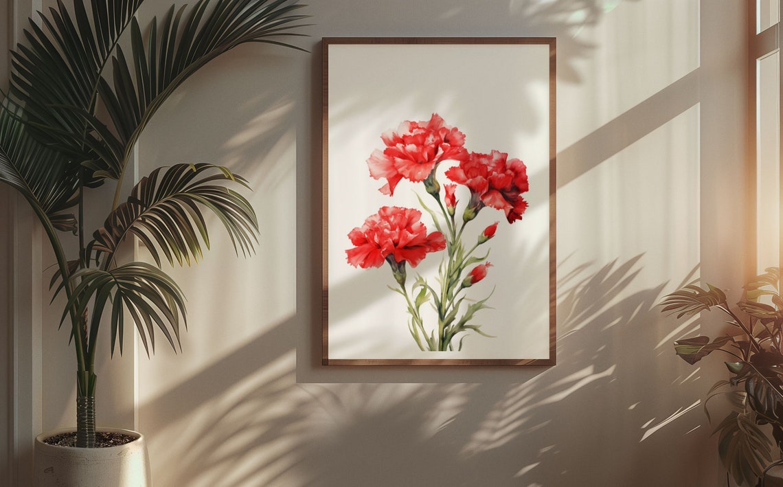 Red Carnation Cluster With Buds Lively Watercolor Art Poster - Image 5