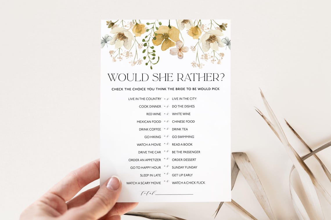 Would She Rather Bridal Shower Game Template Floral Editable Card
