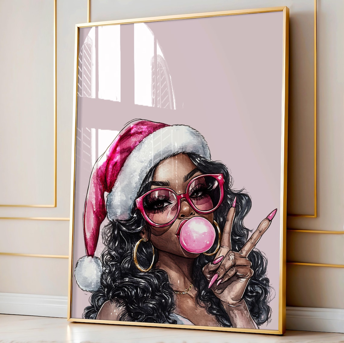 Pink Santa Girl Bubblegum Bubble Glam Peace Sign Holiday Art Poster