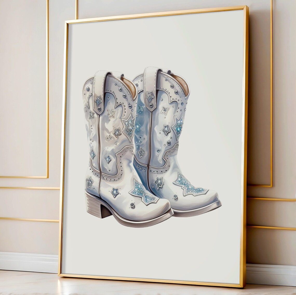 White Cowgirl Boots Star Rhinestone Glam Western Fashion Wall Art
