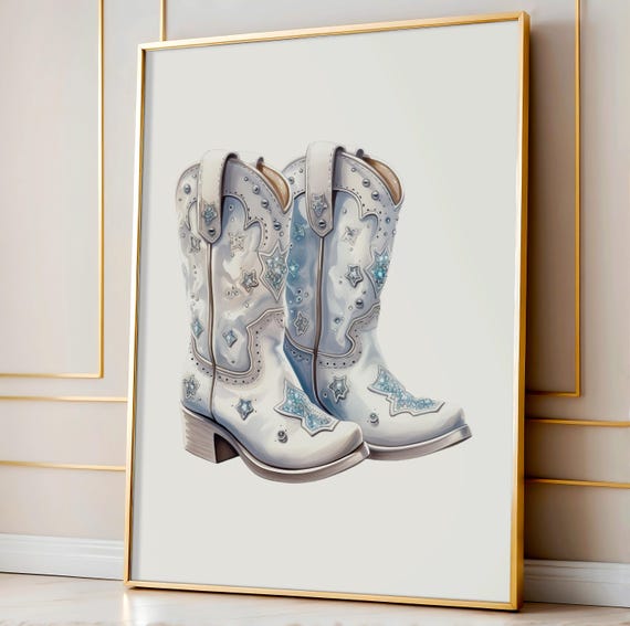 White Cowgirl Boots Wall Art Print Diamond Cowgirl Boots Glam Star Cowgirl Boots Preppy Dorm Room Decor Instant Gcg