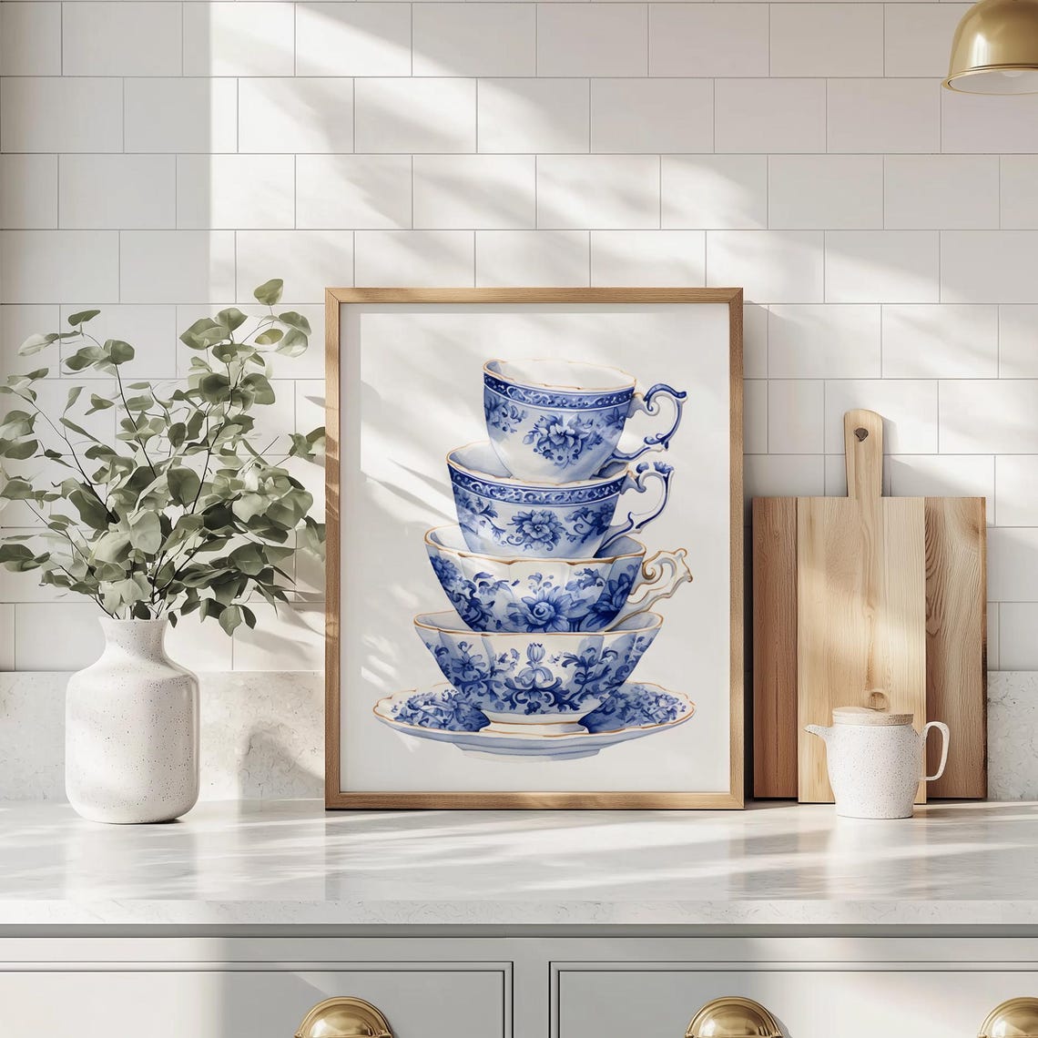 Stacked Chinoiserie Teacups Blue White Porcelain Floral Tower Poster - Image 2