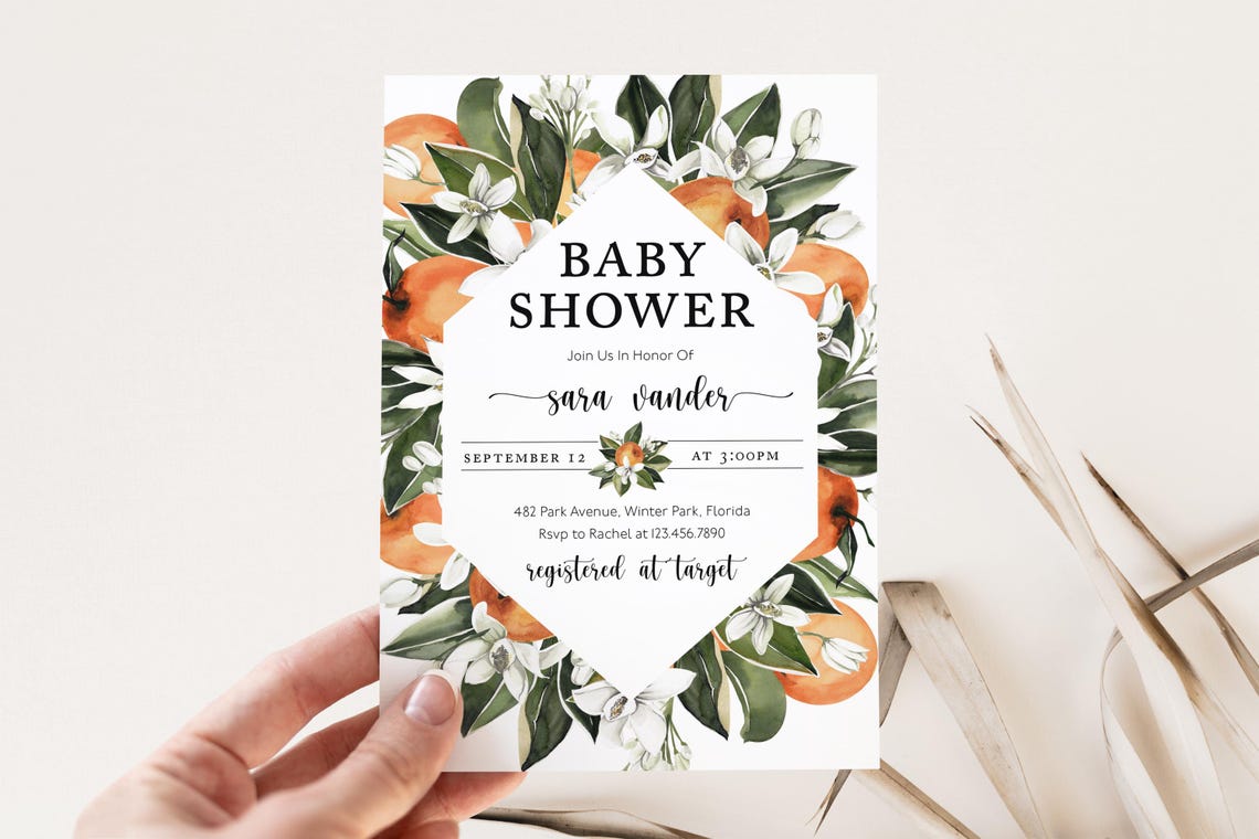 Orange Citrus Baby Shower Invitation Template Floral Editable Invite