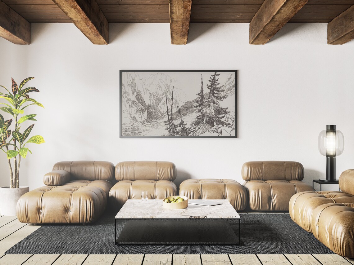 Rustic Mountain Pine Tree Landscape Sketch, Vintage - Image 3