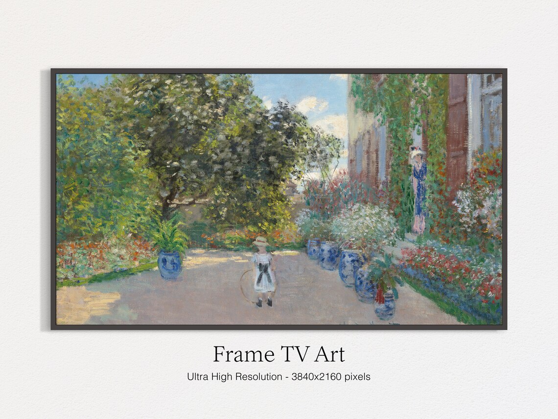 Sunlit Flower Garden Child With Hoop Blue Pots Cottage Scene Art Print
