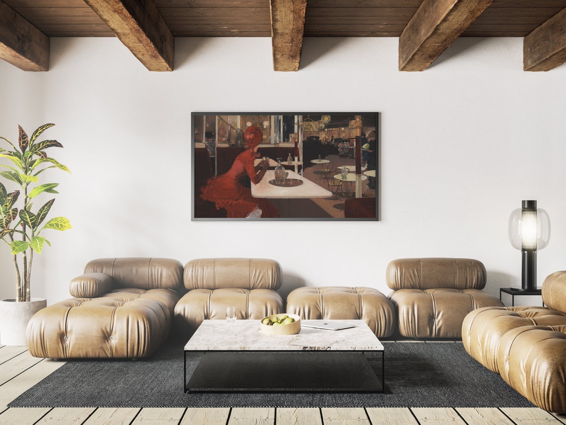 Woman In Red Dress At Parisian Cafe Marble Table Vintage Art Print - Image 3
