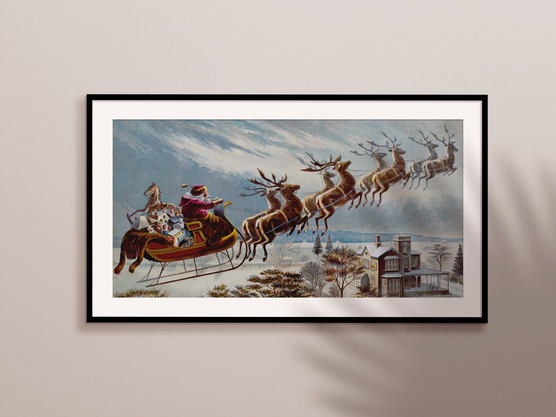 Vintage Christmas Santa Claus Sleigh Art Print - Image 2