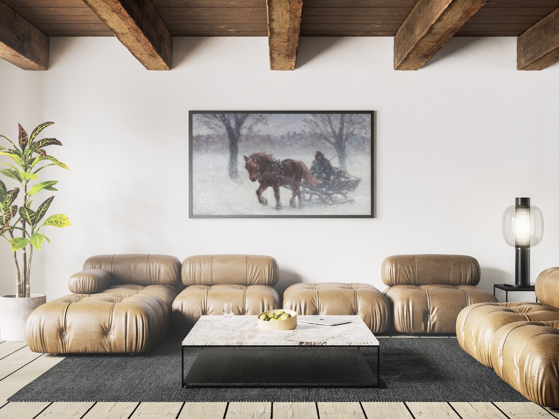 Horse Drawn Sleigh Ride in Falling Snow Vintage Winter Painting Poster - Image 3