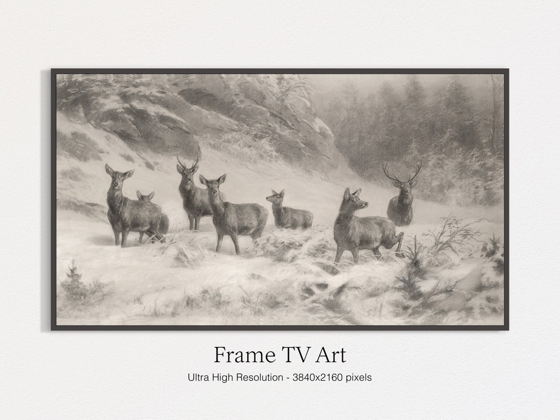 Deer Herd In Snowy Mountain Winter Monochrome Drawing Art Print