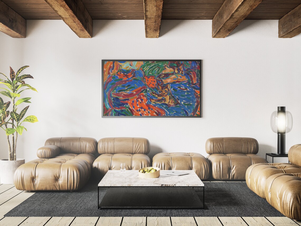Fauvist Cat Painting Two Cats Blue Orange Swirls Wall Art Print - Image 3