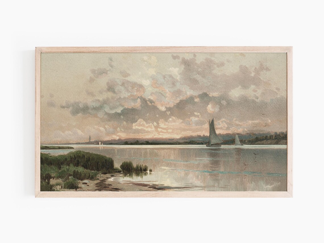 Quiet Lakeside Sailboats at Sunset Vintage Muted Seascape Art Print - Image 3