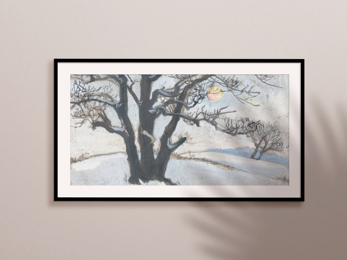 Winter Watercolor Bare Snowy Trees Orange Moon Landscape Print - Image 2