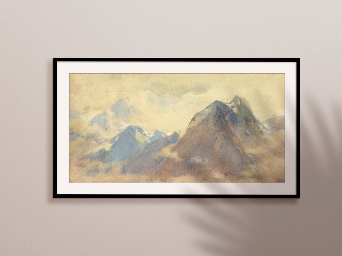 Misty Mountain Peaks Watercolor Painting Soft Alpine Landscape Poster - Image 2