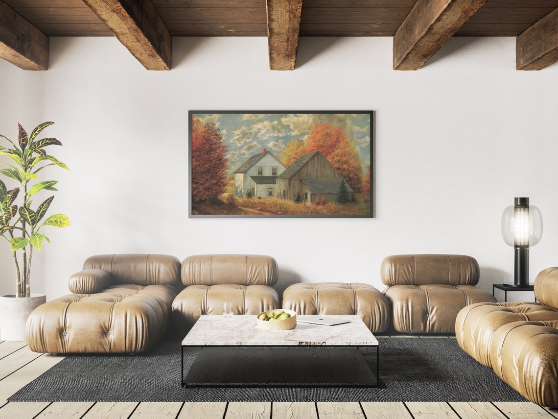 Autumn Farmhouse Barn Vintage Painting Red Golden Fall Trees Poster - Image 3