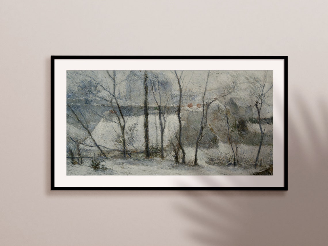 Impressionist Snowy Village Bare Trees Grey Winter Landscape Print - Image 2