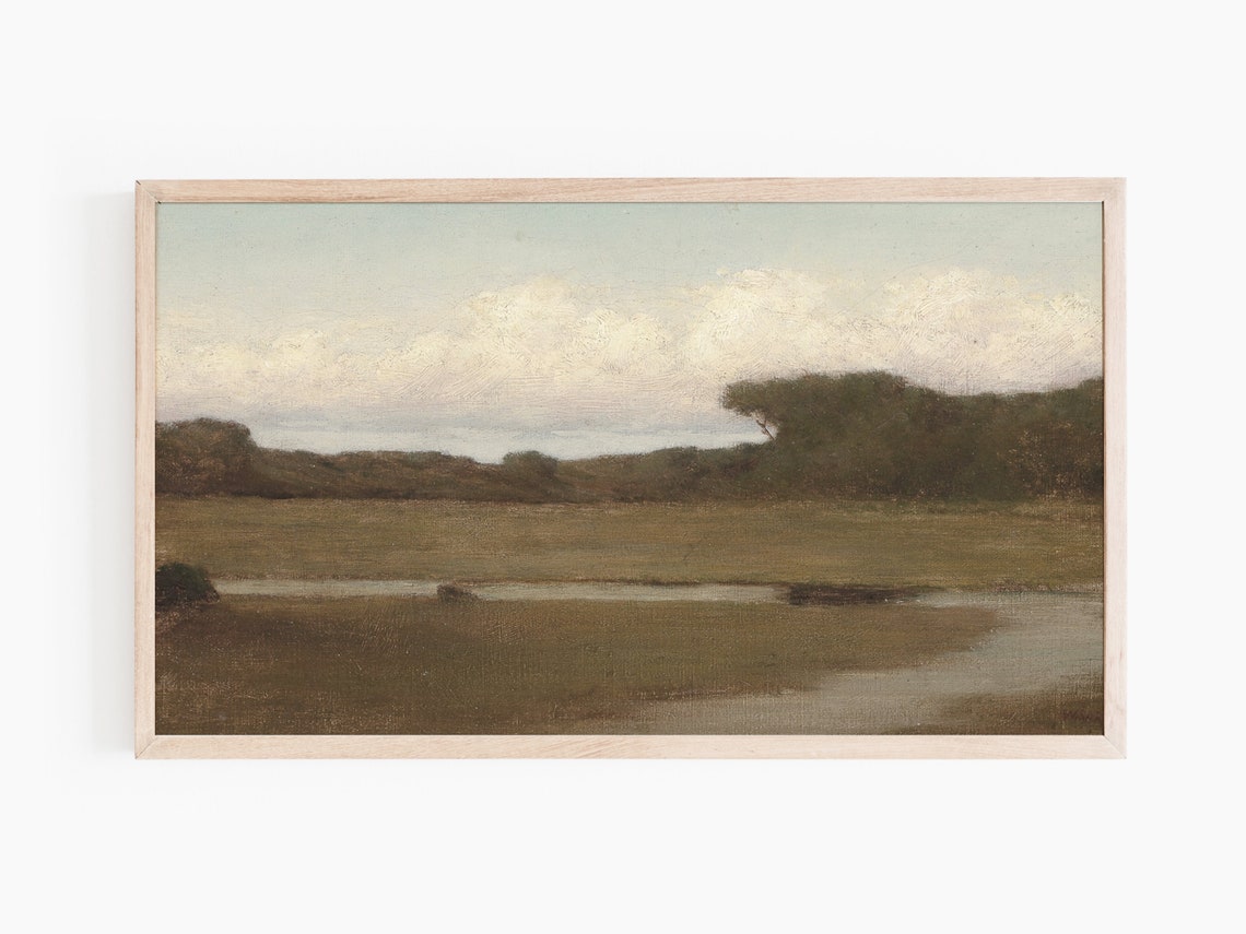 Vintage Meadow Marsh Oil Painting Winding Stream Cloudy Sky Poster - Image 3