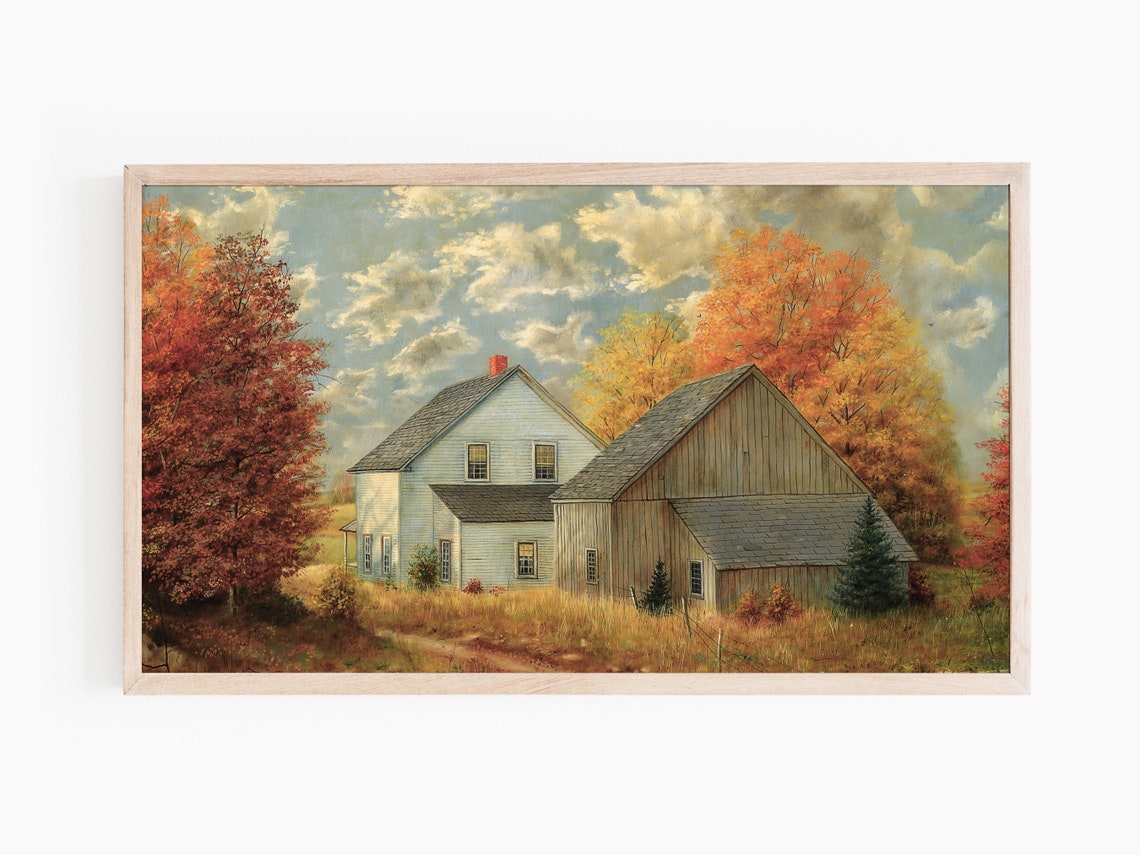 Autumn Farmhouse Barn Vintage Painting Red Golden Fall Trees Poster - Image 2